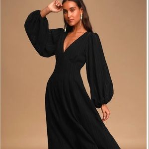Lulus Follow the Love Black Balloon Sleeve Midi Dress Size L